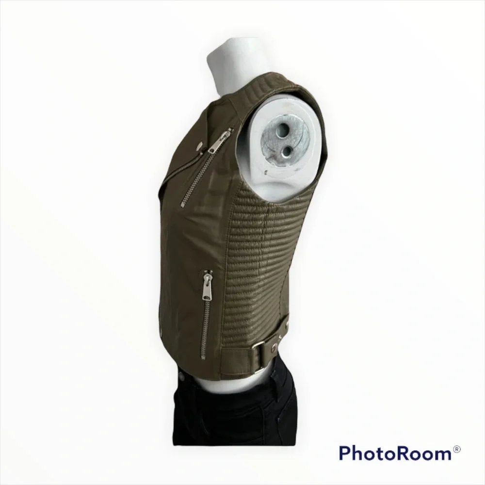 Anine Bing Olive Green Lamb Leather Moto Vest Sleeveless XS